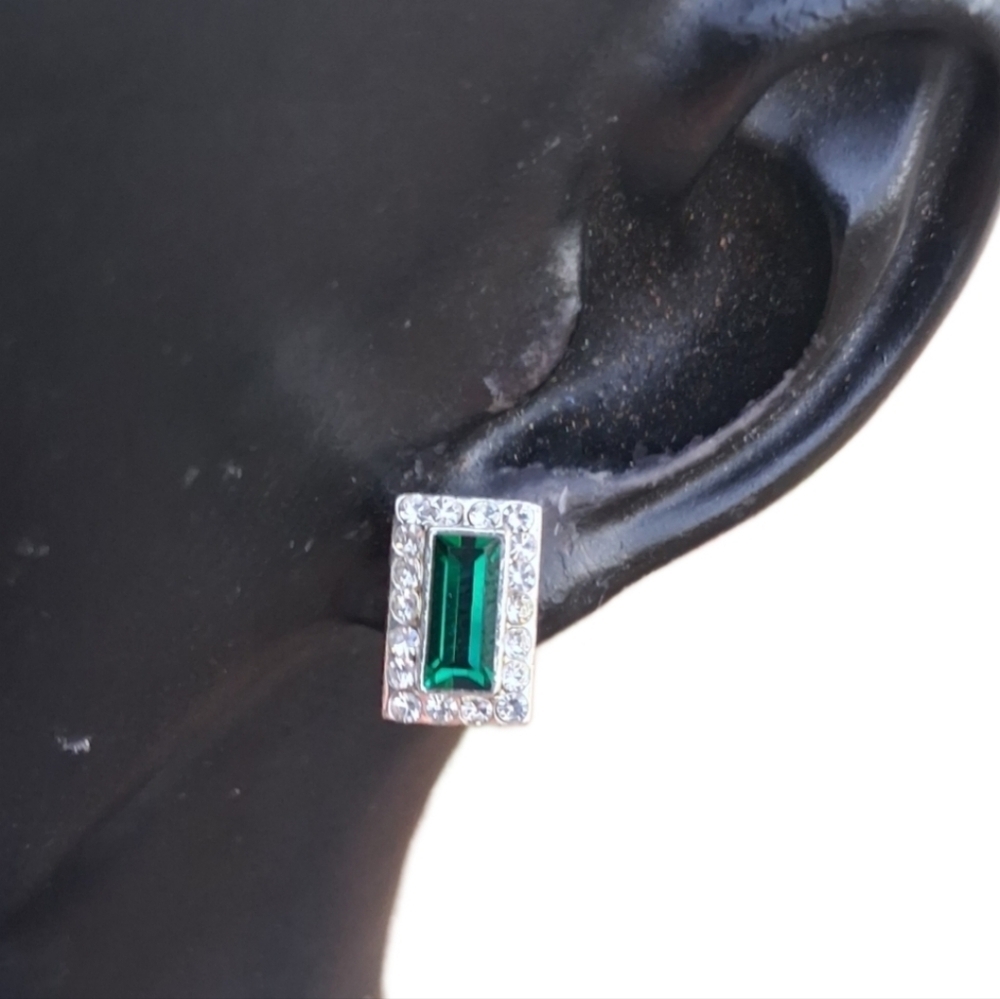 Art Deco Style Emerald Green Crystal Studs with Clear Rhinestone Halo